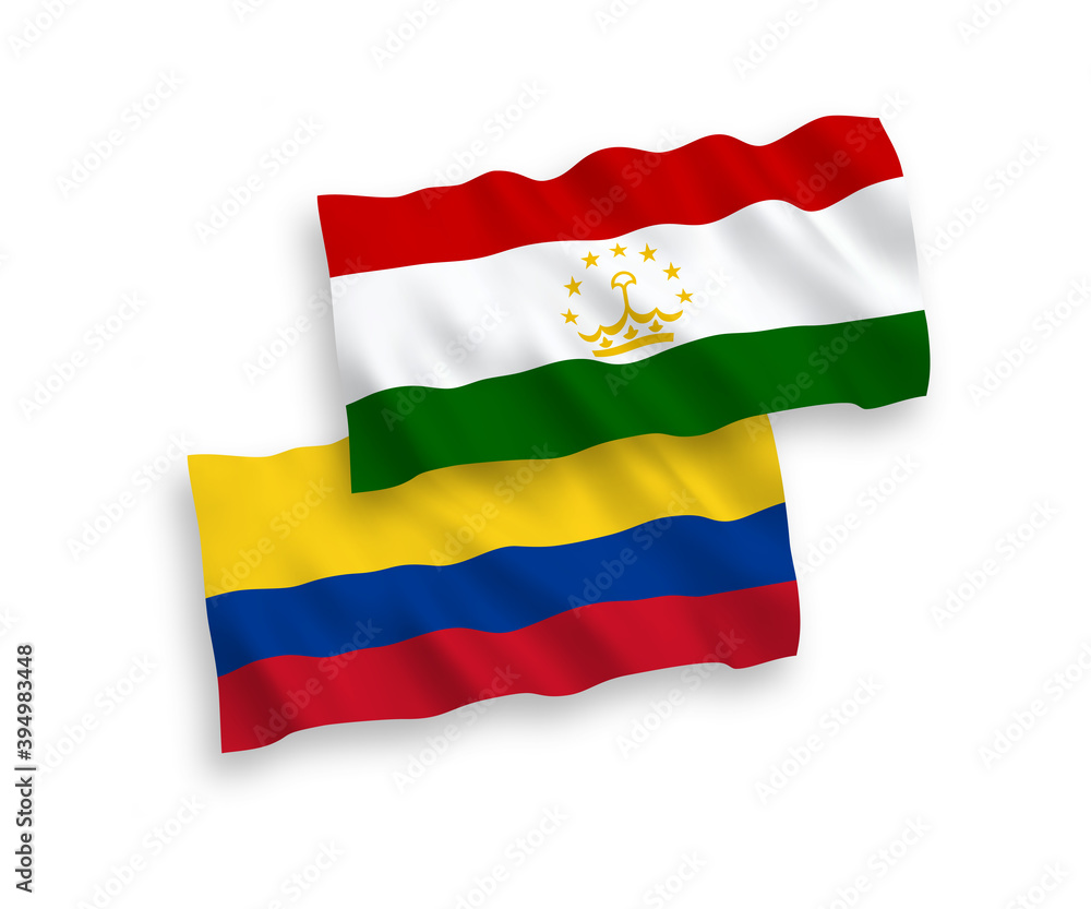 National vector fabric wave flags of Tajikistan and Colombia isolated on white background. 1 to 2 proportion.