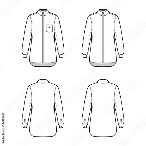 Set of Shirt button-down technical fashion illustration with angled pocket, straight long sleeves, oversized, regular collar. Flat template front, back white color. Women men unisex top CAD mockup
