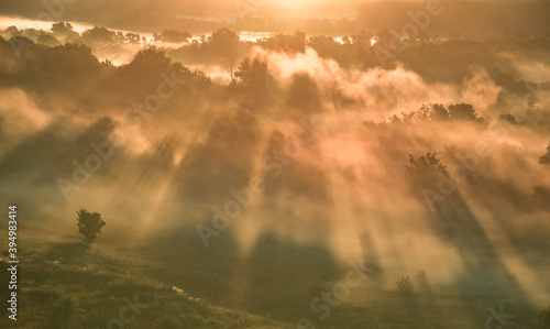 Aerial view Sunrise of meadow with forest in sunlight and mist