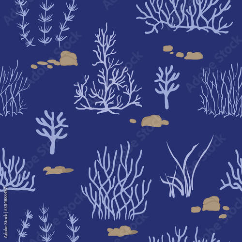 blue  pink corals on a blue background. Vector seamless pattern with tropical reef.