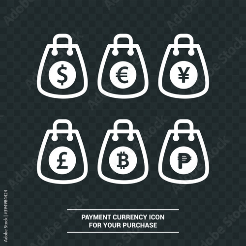 Vector image. Internet shopping icons. Shopping bag icons with different currencies.