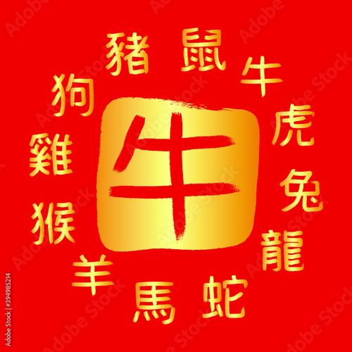 Year of the Ox. 2021 Chinese New year template. Traditional zodiacal lunar calendar design, new year. Chinese year symbols calendar hieroglyphs; Center hieroglyph: Ox
