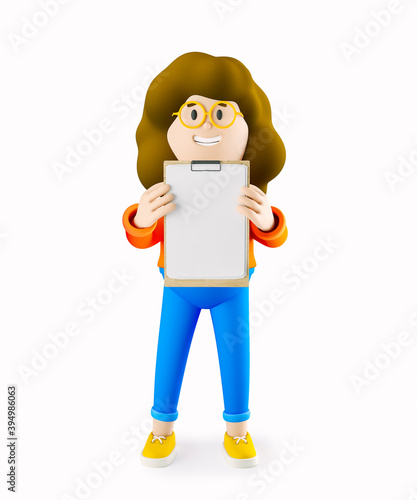 Girl Susie holds a blank with empty sheets in her hands. 3d rendering. 3d illustration. 3d character photo