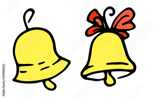 vector set of hand-drawn bells in the Doodle style. the bells are decorated with a black line in yellow with a red bow in different positions side view isolated on a white background for the design te