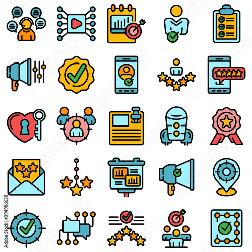 Credibility icons set. Outline set of credibility vector icons thin line color flat on white