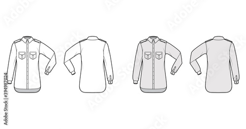 Shirt epaulette technical fashion illustration with flaps angled pockets, elbow fold long sleeve, relax fit, button-down, collar. Flat template front, back white, grey color. Women men unisex top CAD