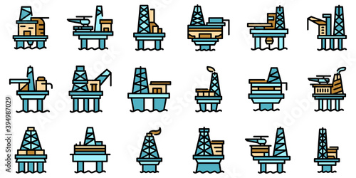 Sea drilling rig icons set. Outline set of sea drilling rig vector icons thin line color flat on white