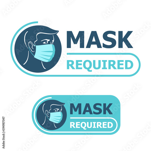 Mask required warning prevention sign in 2 variations - human profile silhouette with face mask in rounded rectangular frame - isolated vector information sticker