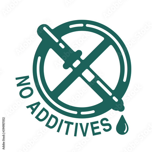 No additives sign - crossed out eyedropper with harmful E-numbered preservatives liquid inside - isolated vector icon for healthy food and cosmetics products packaging 