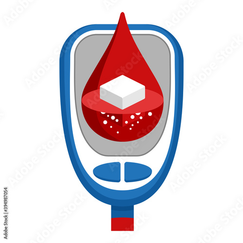 Diabetes testing device icon - sugar cube dissolving inside blood drop - high glucose level sign - isolated vector medical antidiabetic symbol