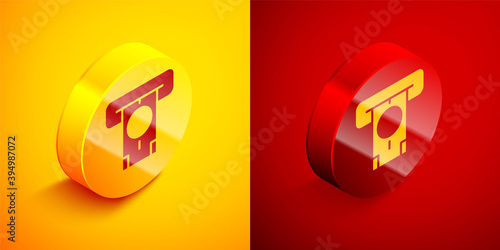 Isometric ATM - Automated teller machine and money icon isolated on orange and red background. Circle button. Vector.