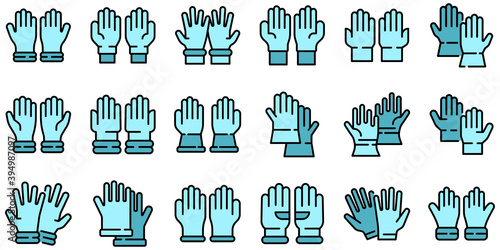 Medical gloves icons set. Outline set of medical gloves vector icons thin line color flat on white