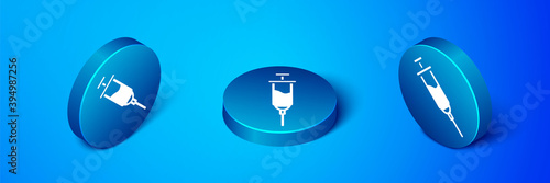 Isometric Doping syringe icon isolated on blue background. Blue circle button. Vector.