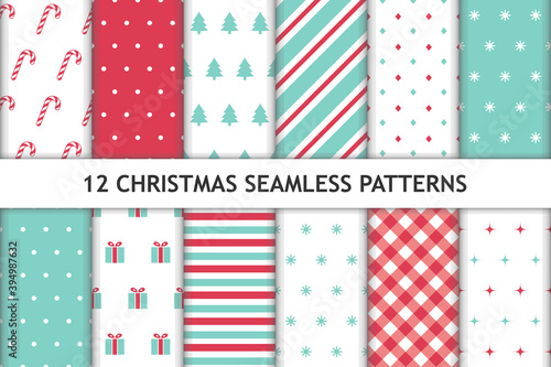 Set of 12 Christmas seamless patterns. Red, green and white colored. New year backgrounds. Can be used for textile print, wrapping papers etc. Vector illustration.