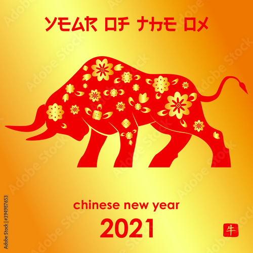 Year of the Ox. 2021 Chinese New year template. Traditional zodiacal lunar calendar design, new year. Hieroglyph: ox