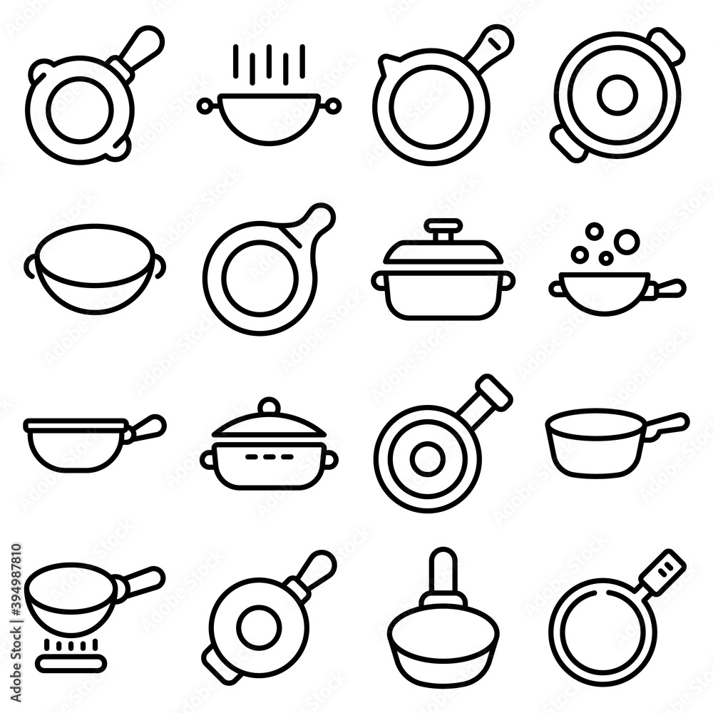 Wok frying pan icons set. Outline set of wok frying pan vector icons for web design isolated on white background
