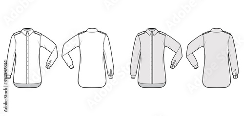 Shirt epaulette technical fashion illustration with elbow fold long sleeve, oversized, button-down opening, regular collar. Flat template front, back white, grey color. Women men unisex top CAD mockup