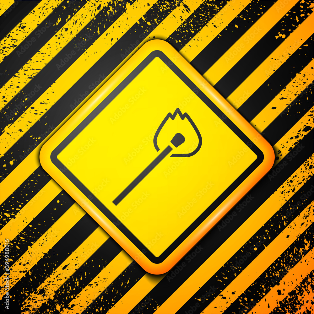 Black Burning match with fire icon isolated on yellow background. Match with fire. Matches sign. Warning sign. Vector. Black Burning match with fire icon isolated on yellow background. Match with fire. Matches sign. Warning sign. Vector.