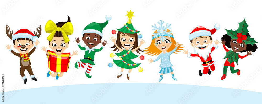 Happy kids in Christmas costumes on white background.