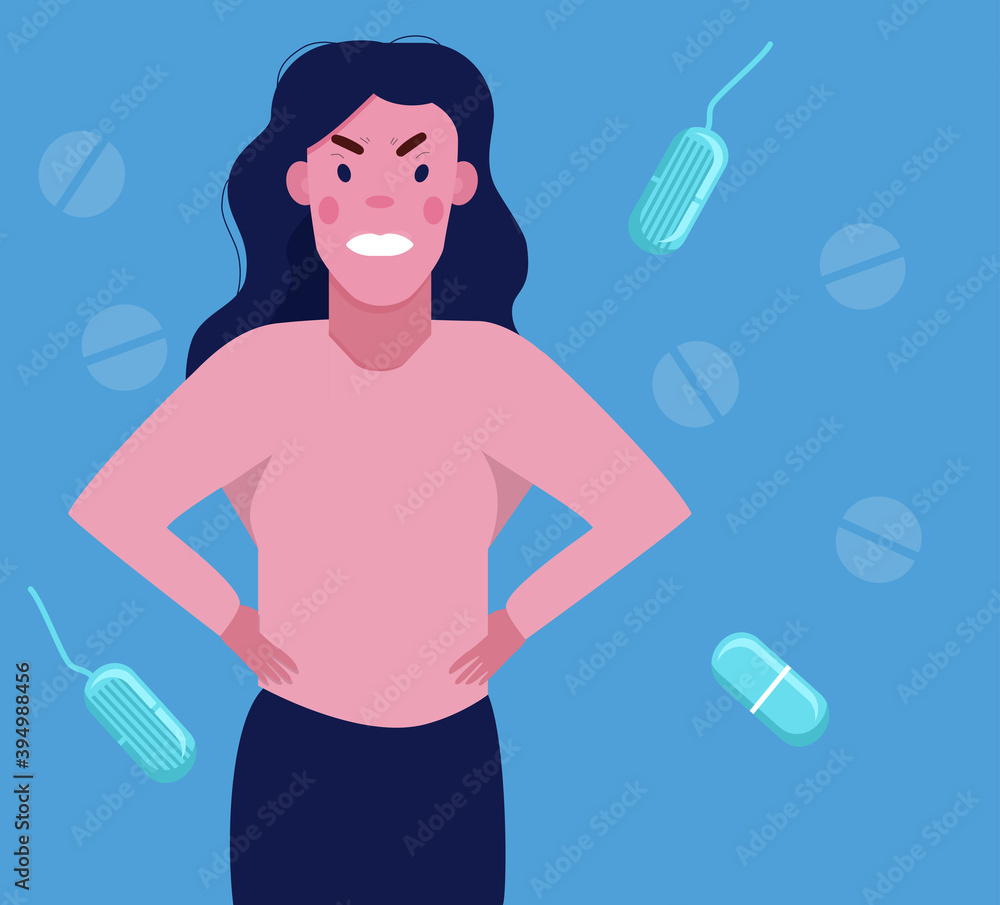 PMS concept.Woman has resentment and indignation because of premenstrual syndrome.Angry girl with irritated face expression.Cramps mood swings.Tampons and pills around.Vector in flat style. PMS concept.Woman has resentment and indignation because of premenstrual syndrome.Angry girl with irritated face expression.Cramps mood swings.Tampons and pills around.Vector in flat style.