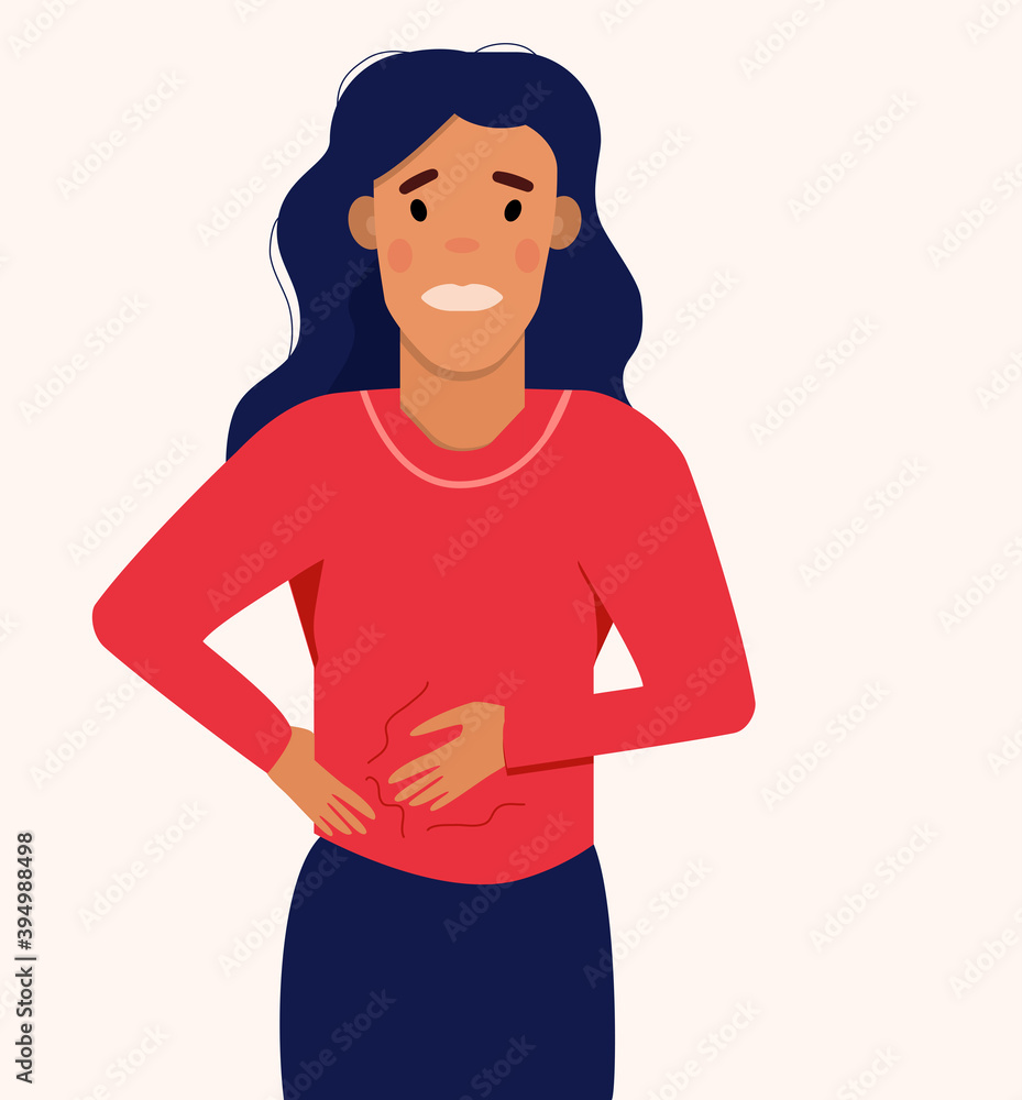 Woman suffering from abdominal bloating.A swollen state caused by