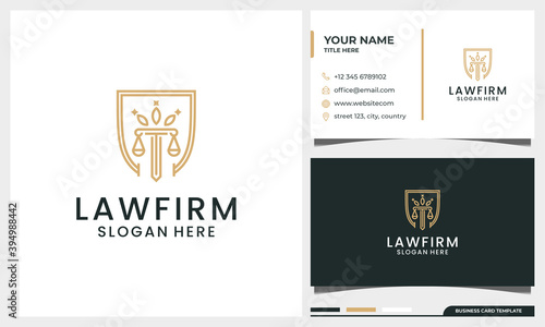 Law firm, attorney, pillar logo design with crown and shield concept and line art style with business card template