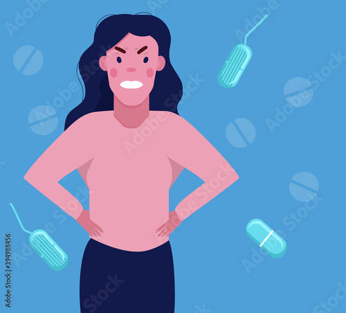 PMS concept.Woman has resentment and indignation because of premenstrual syndrome.Angry girl with irritated face expression.Cramps mood swings.Tampons and pills around.Vector in flat style.