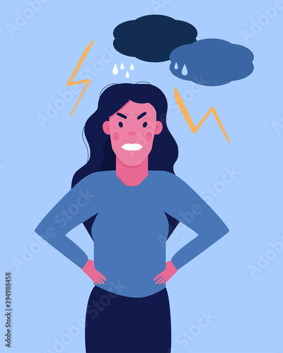 Angry woman with irritated face expression illustration.Resentment and indignation concept.Nervous girl has hysteria.Grumpy,aggressive and negative emotions.Vector in flat style.Flash lights and cloud