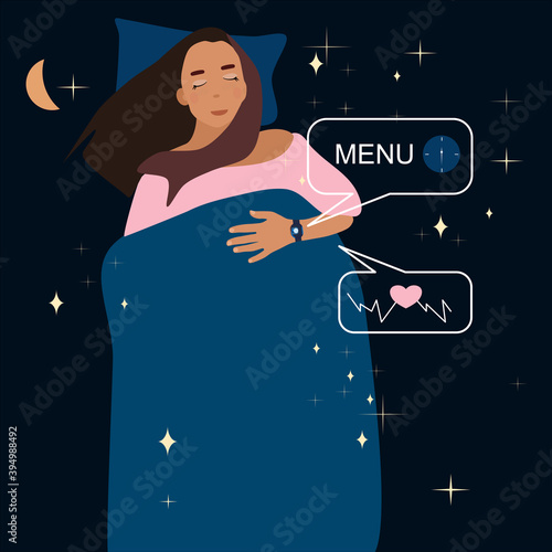 Woman lying on bed with sleeping tracker on her hand illustration.Device control quality of dream during night. Electronic smart watch app.Healthcare and melatonin.Linear phase diagram of heartbeat.
