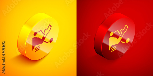 Isometric Prosthesis hand icon isolated on orange and red background. Futuristic concept of bionic arm, robotic mechanical hand. Circle button. Vector.