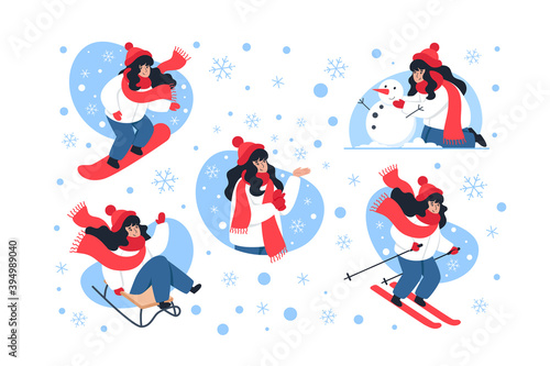 Winter characters collection, winter activities. Vector illustration in flat style