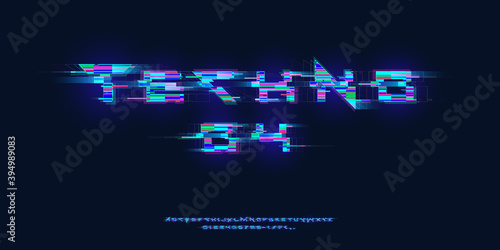 Futuristic cyberpunk glitch font. Modern English glowing alphabet with distortion effect. Good for design promo electronic music events, game titles, banner, web. Vector type.