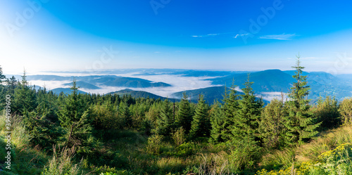 cloud inversion in mountains. carpathian autumn landscape. hills in in morning light. valley full of fog in the morning. sunny weather