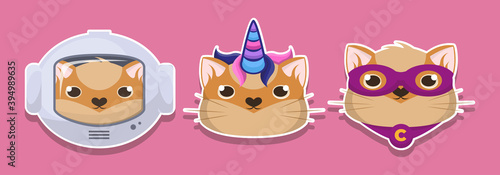 Cats big set. Kawaii stickers. Patch. Cosmonaut, astronaut, spaceman. Unicorn, superhero. Vector illustration design.
