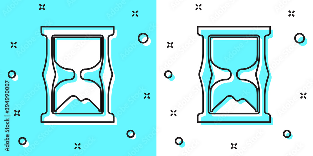 Black line Old hourglass with flowing sand icon isolated on green and white background. Sand clock sign. Business and time management concept. Random dynamic shapes. Vector. Black line Old hourglass with flowing sand icon isolated on green and white background. Sand clock sign. Business and time management concept. Random dynamic shapes. Vector.
