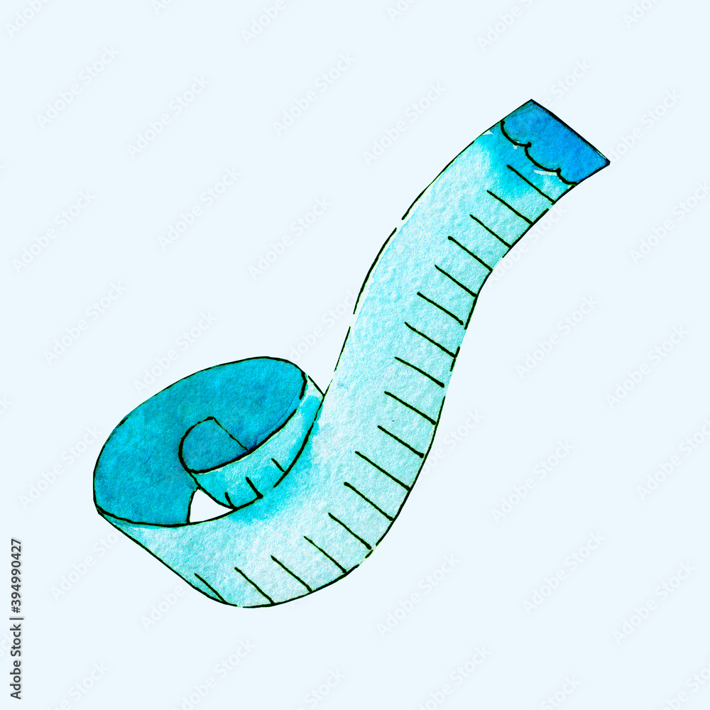Watercolor illustration of a blue tailor's tape measure as an icon, sticker, decor element, clip