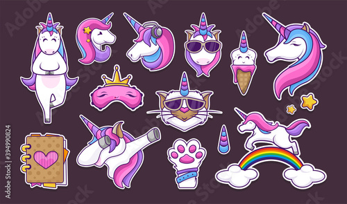 Big unicorn sticker pack. Fashion patch badges. Cat paw. Ice cream, rainbow, star, sleeping mask, crown, meditation, baby. Vector illustration design.