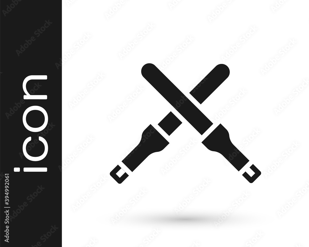 Black Marshalling wands for the aircraft icon isolated on white background. Marshaller communicated with pilot before and after flight. Vector. Black Marshalling wands for the aircraft icon isolated on white background. Marshaller communicated with pilot before and after flight. Vector.