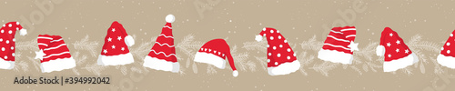 Fun hand drawn christmas horizontal seamless pattern with cute santa hats, great for textiles, banners, wallpapers, wrapping - vector design