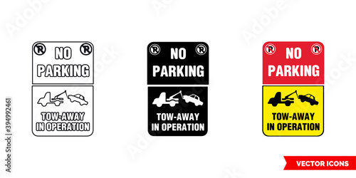 Tow-away in operation strictly staff parking only prohibitory sign icon of 3 types color  black and white  outline. Isolated vector sign symbol.