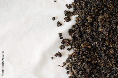 Top view gaba tea from Taiwan on linen background with copy space.