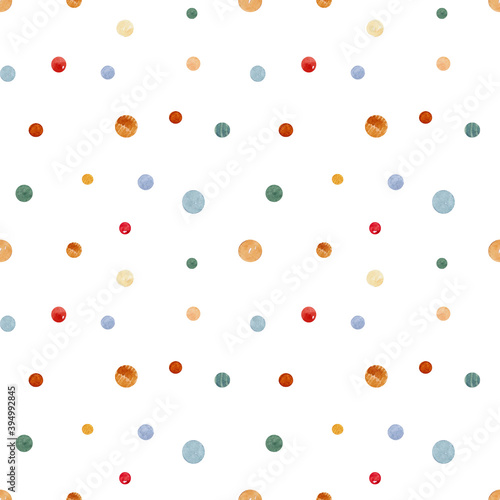 Watercolor Christmas seamless pattern with hand drawing dots. Bright light festive background for fabrics, wrapping paper and cards.