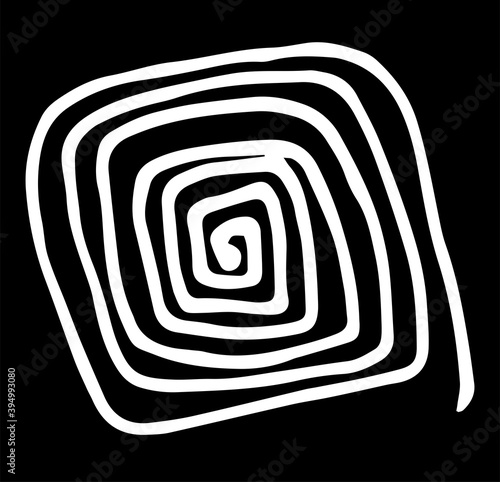 vector element of a square spiral with rounded corners drawn manually with a white line on a black background for your design template