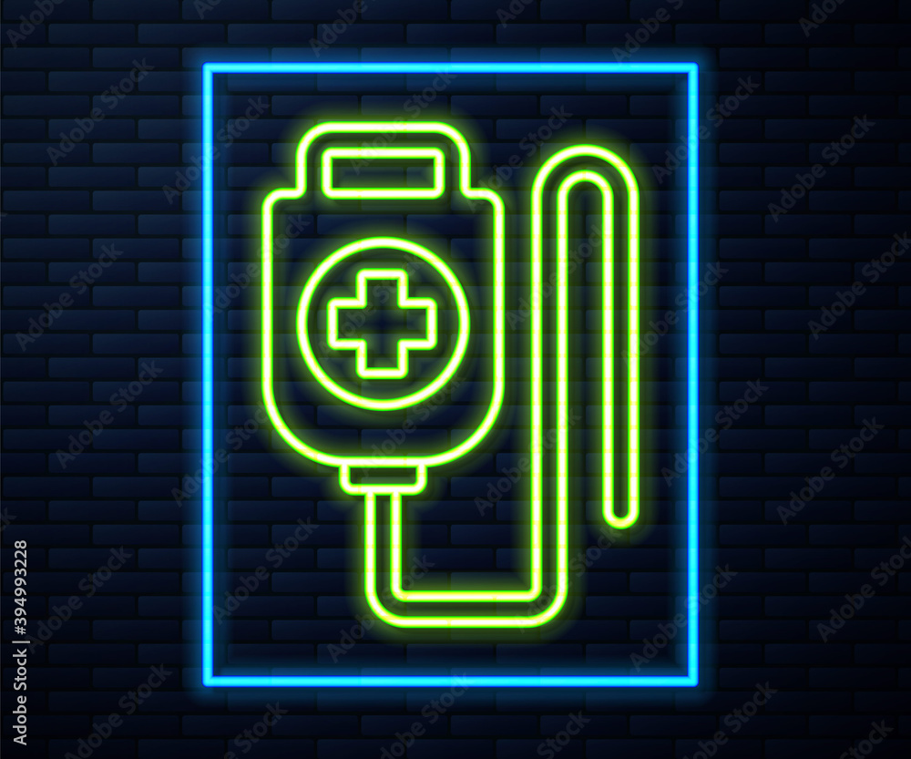 Glowing neon line IV bag icon isolated on brick wall background. Blood bag. Donate blood concept. The concept of treatment and therapy, chemotherapy. Vector Illustration. Glowing neon line IV bag icon isolated on brick wall background. Blood bag. Donate blood concept. The concept of treatment and therapy, chemotherapy. Vector Illustration.