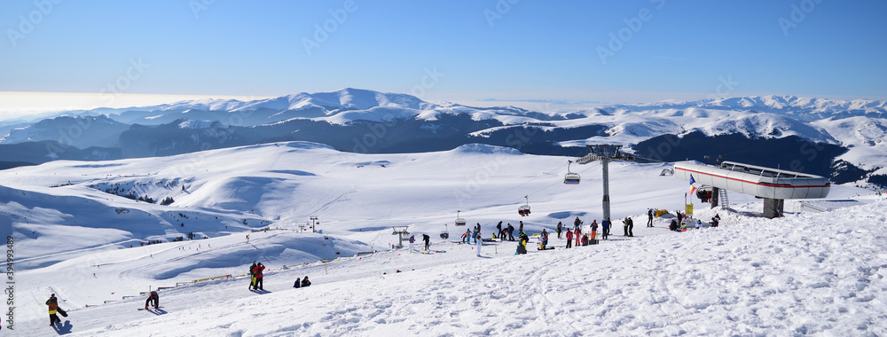 Skiing in winter at high altitude at Sinaia, Prahova county, Romania