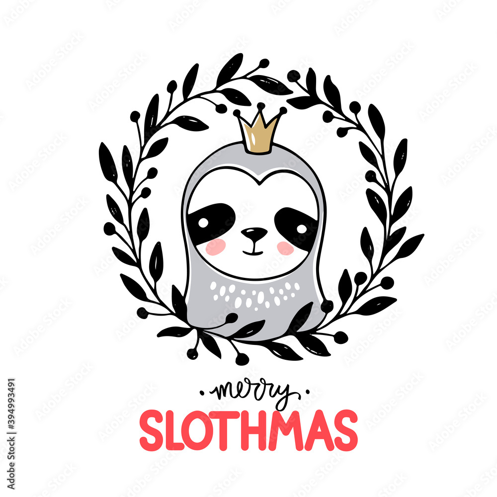 Fototapeta premium Cute princess Sloth, Merry Christmas greeting card. Vector funny illustration for winter holidays. Doodle animals