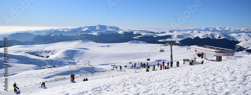 Skiing in winter at high altitude at Sinaia, Prahova county, Romania photo