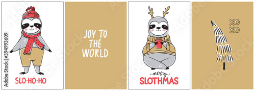 Cute Sloth, Merry Christmas cards collection. Vector funny illustrations for winter holidays. Doodle lazy sloths bears and lettering inscriptions. Happy New Year and Xmas animals set