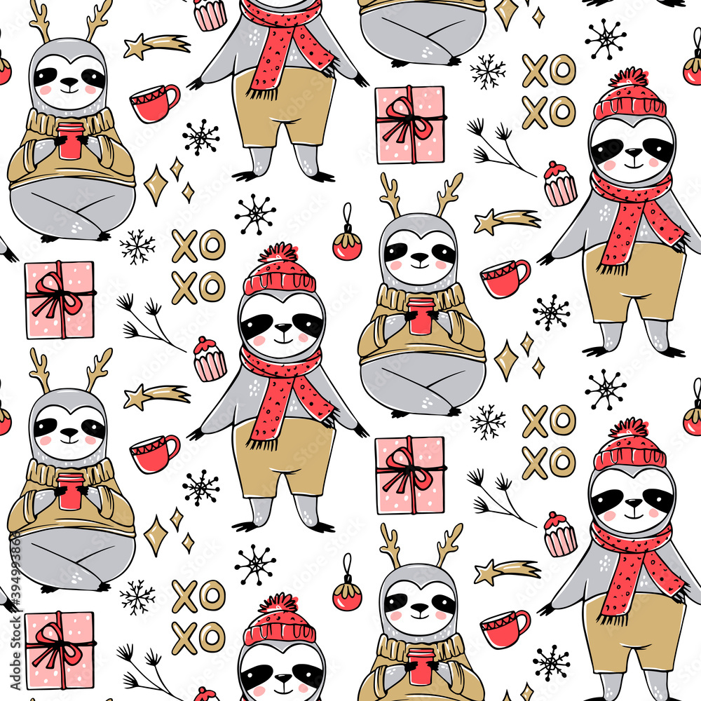 Fototapeta premium Cute Sloth seamless pattern, winter cozy background. Doodle lazy sloth bear with ugly sweater, cup of coffee.