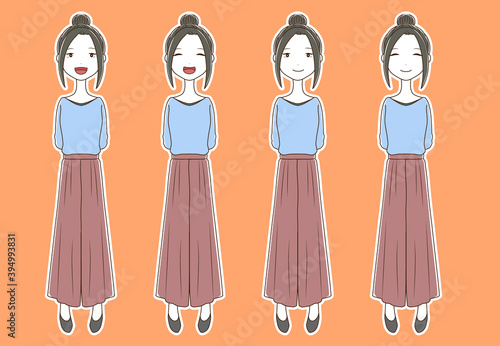 白フチつきの手を後ろに回して立っている笑顔の女性の全身イラストのセット